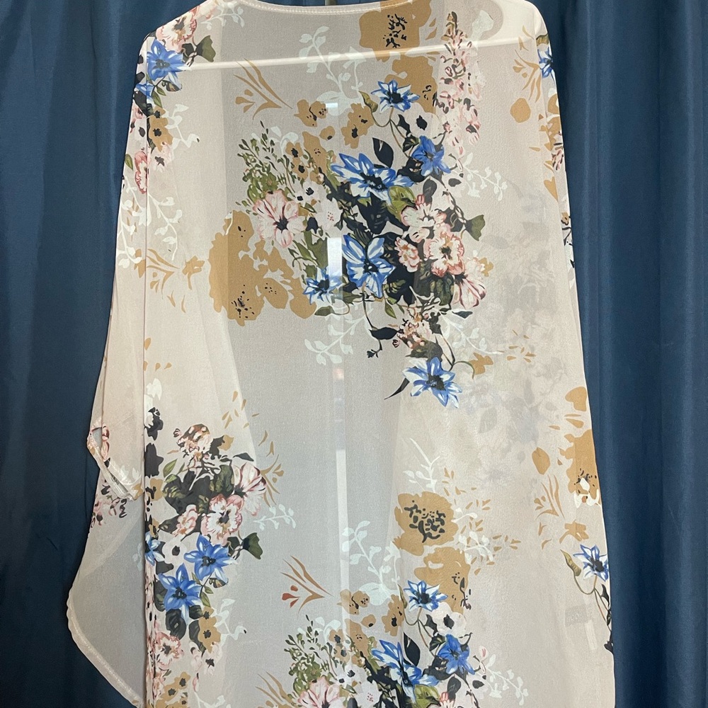 Floral Sheer Scarf with Blue and Gold Accents